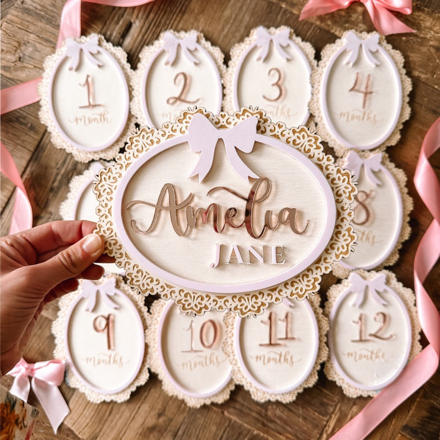 Acrylic & Wood Lace Frame Bow Name Announcement Sign
