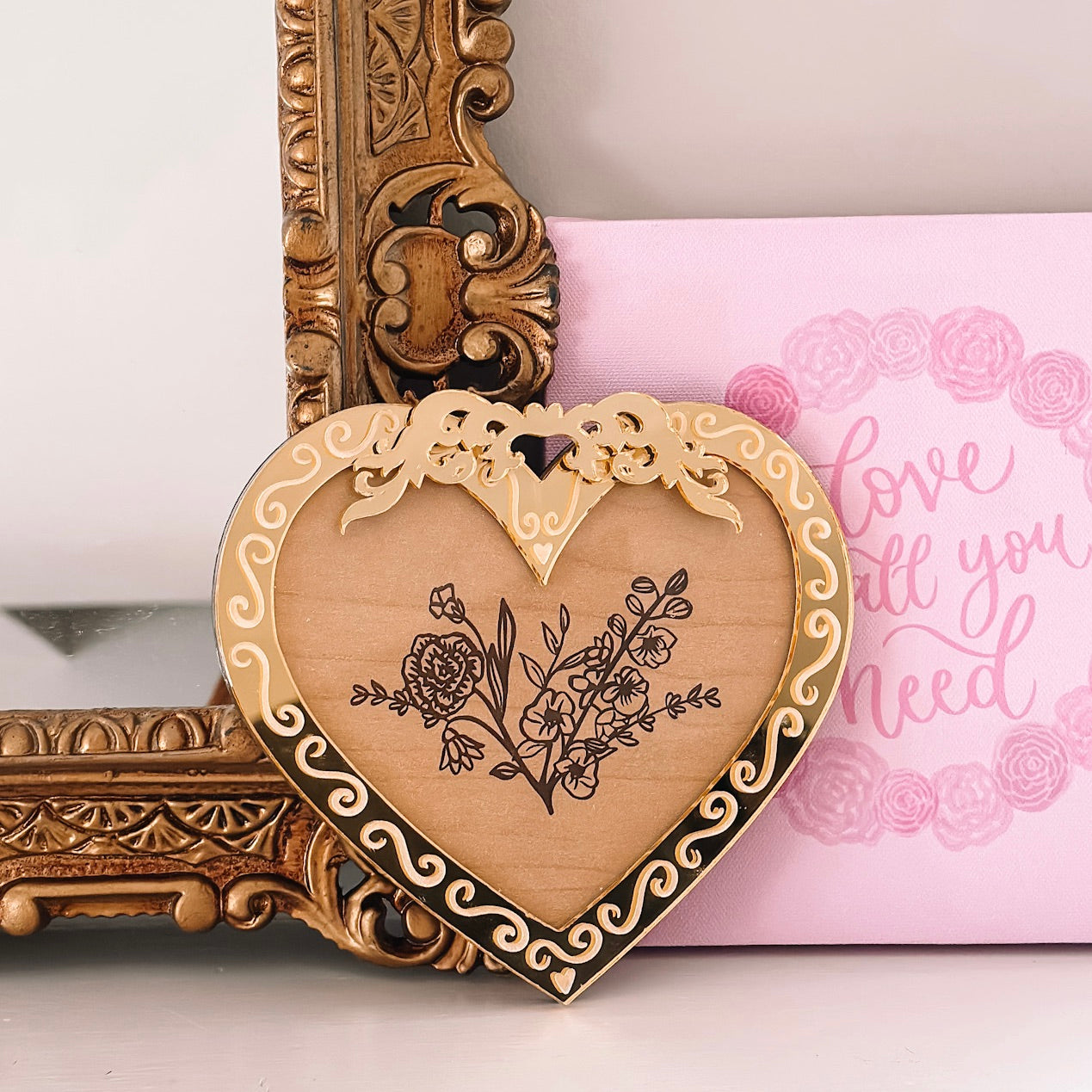 Gold Heart Framed Birth Flower Engraved Bouquet