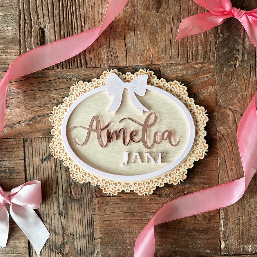Acrylic & Wood Lace Frame Bow Name Announcement Sign