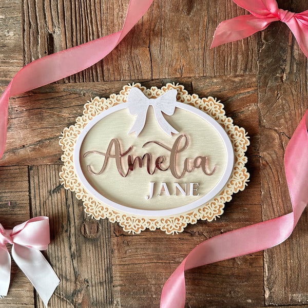 Acrylic & Wood Lace Frame Bow Name Announcement Sign - Details and Swirls