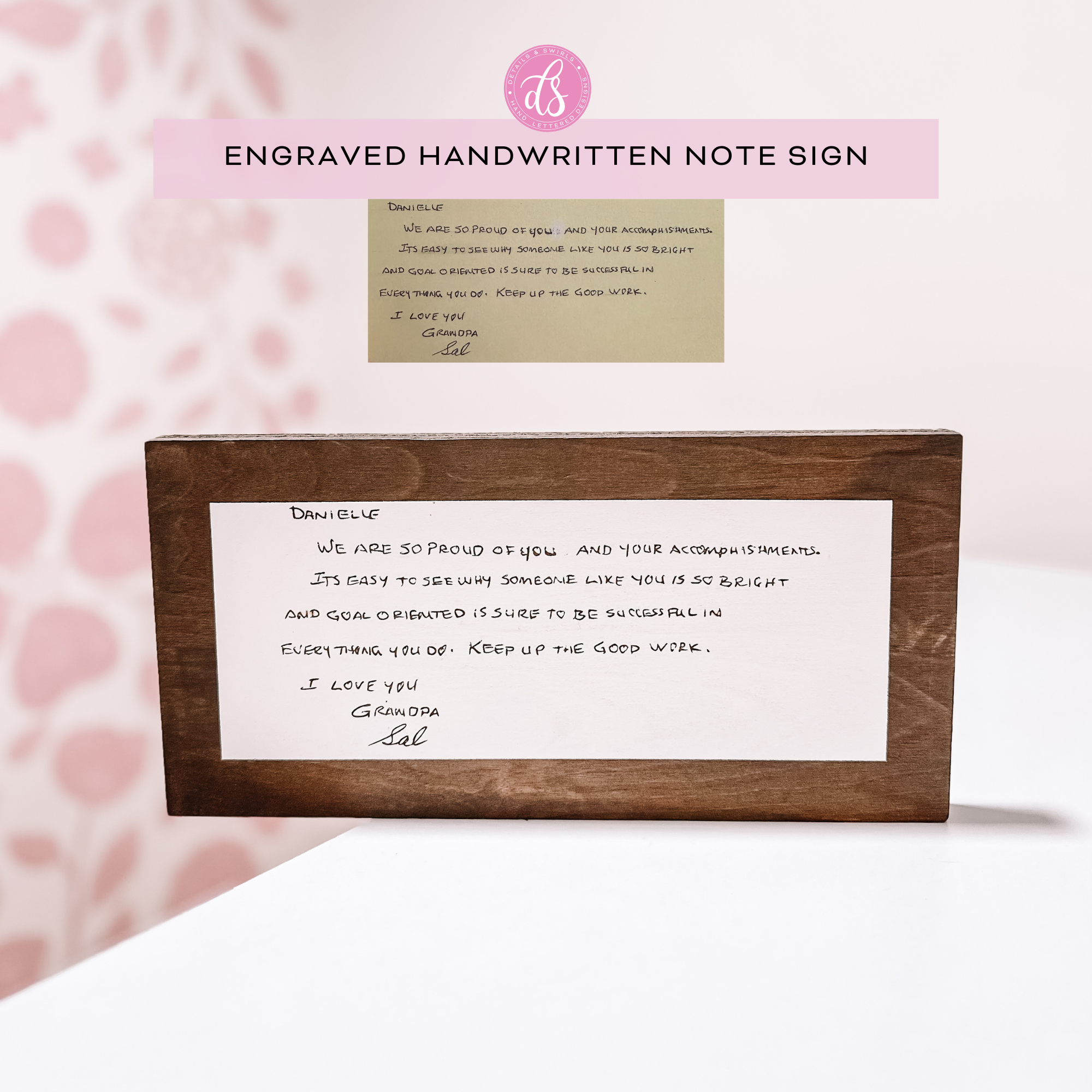 Engraved Handwritten Note Wooden Sign