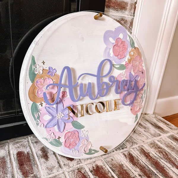 3D Acrylic Textured Floral Baby Name Sign - Details and Swirls