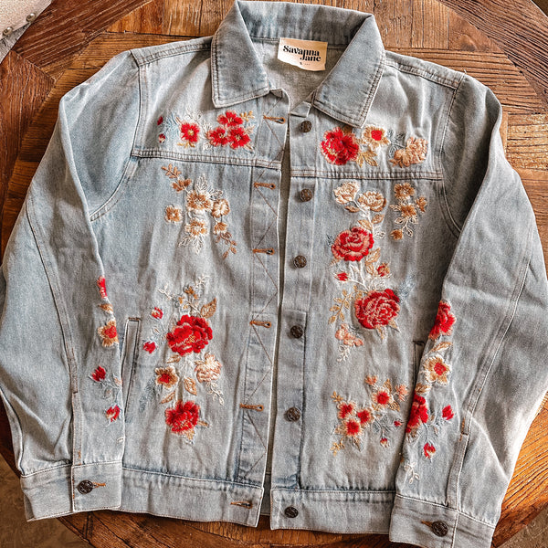 Custom Embroidered Floral Denim Jacket - Details and Swirls