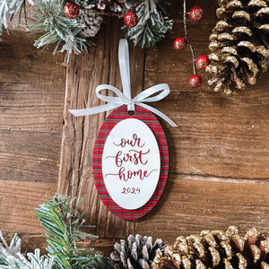 Custom Engraved Oval Plaid Ornament