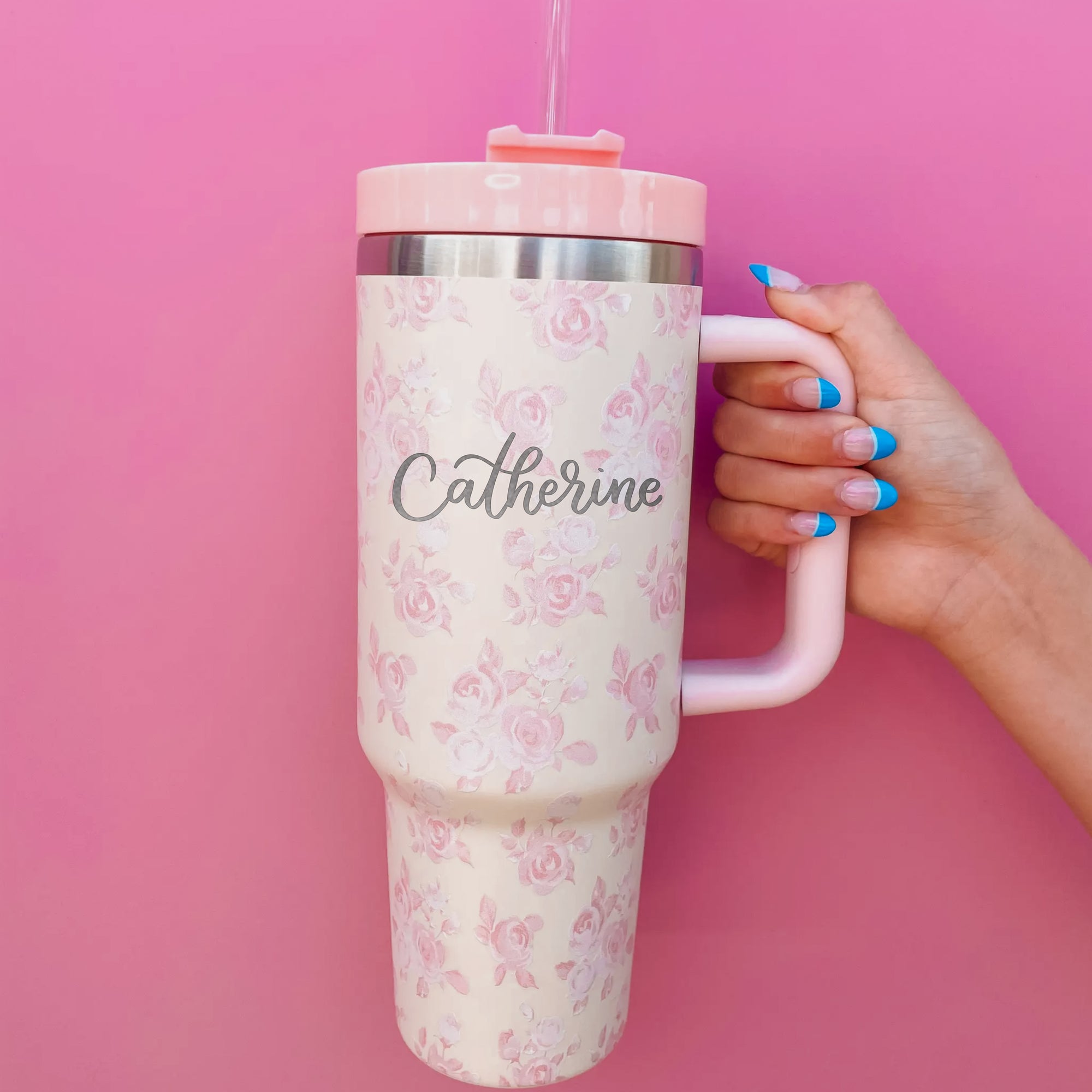 Hand Engraved Pink Floral Tumbler