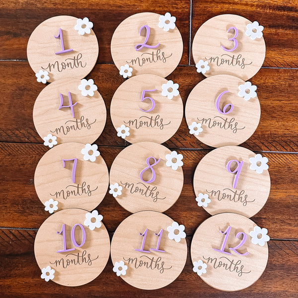 Flower Burst Wooden Monthly Milestone Markers - Details and Swirls
