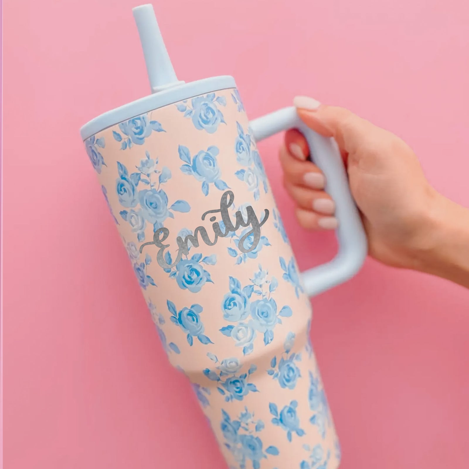 Hand Engraved Blue Floral Tumbler