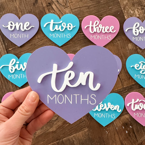 Acrylic Heart Monthly Milestone Markers - Details and Swirls
