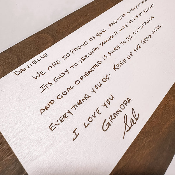 Signed A Razer Note Engraved Handwritten Note Wooden Sign - Details and Swirls