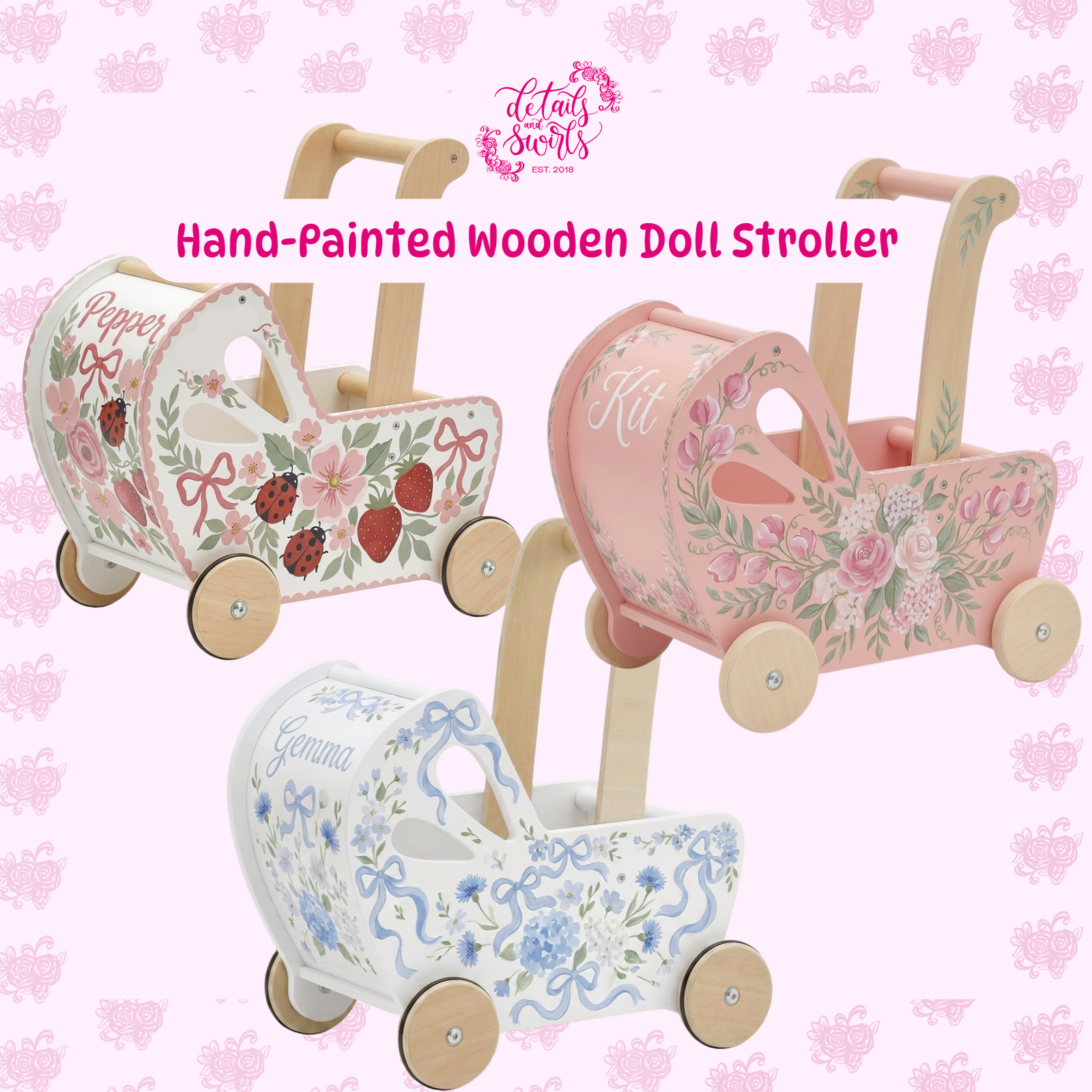 Custom Hand Painted Wooden Baby Doll Carriage