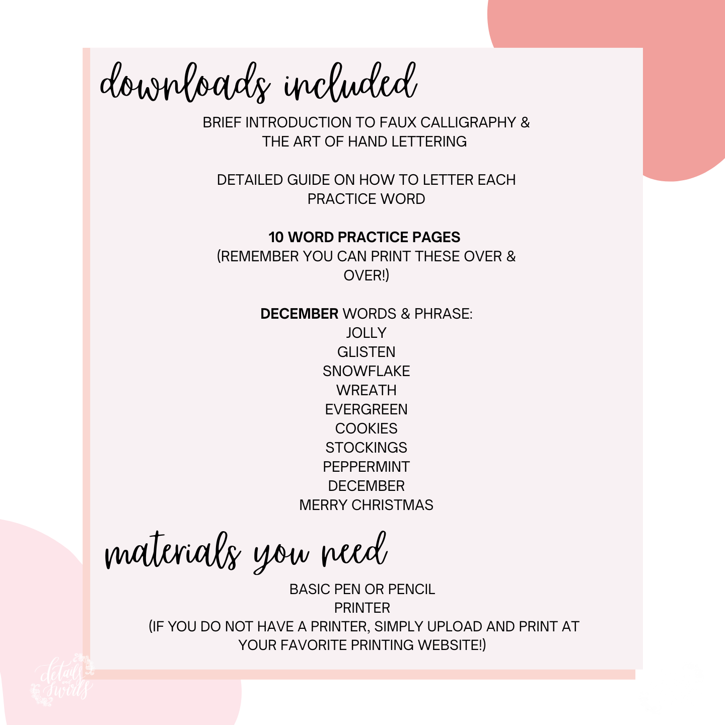 December Lettering Worksheets (PDF DIGITAL DOWNLOAD)