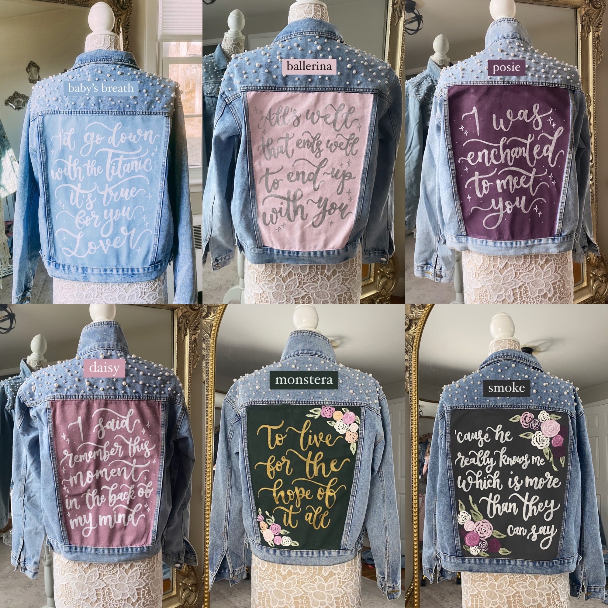 Custom Hand Painted Pearl Denim Jacket Details and Swirls