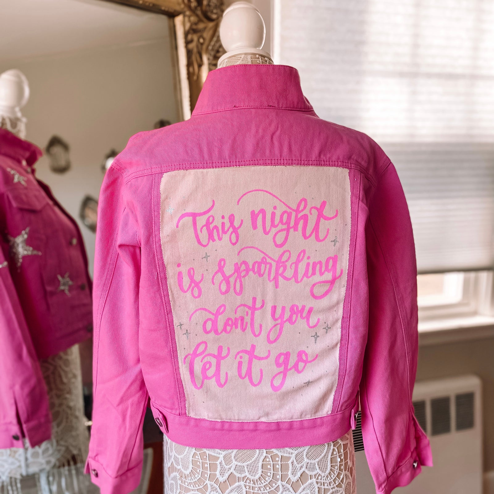 Hot Pink Star Sequin Custom Hand Painted Denim Jacket