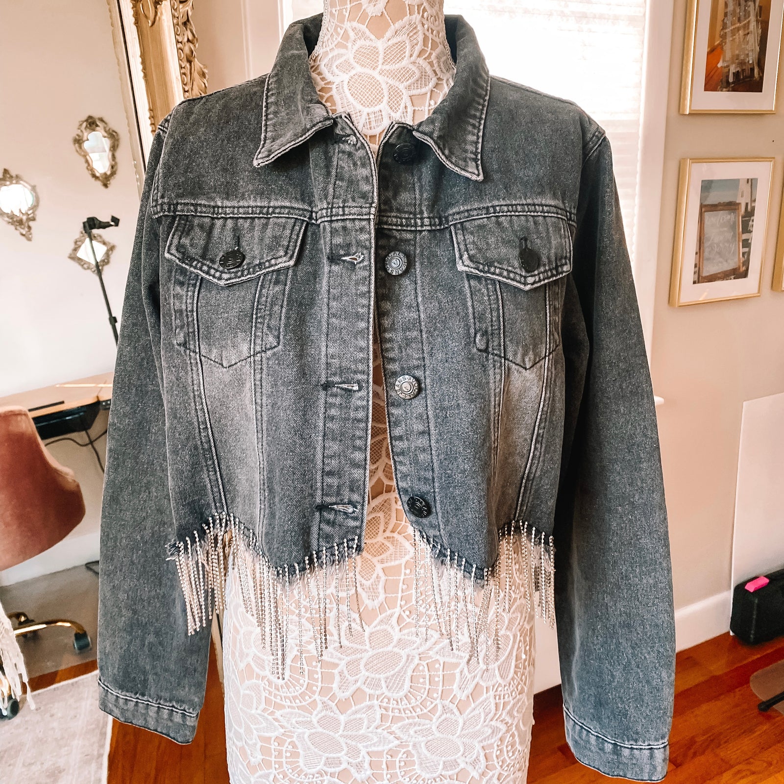 Black Rhinestone Fringe Custom Hand Painted Denim Jacket