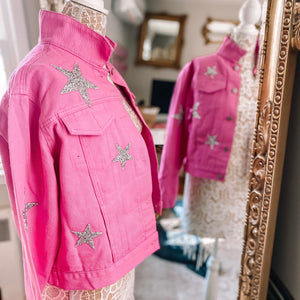 Hot Pink Star Sequin Custom Hand Painted Denim Jacket - Details