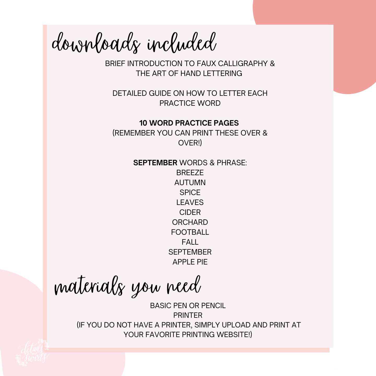 September Lettering Worksheets (PDF DIGITAL DOWNLOAD)