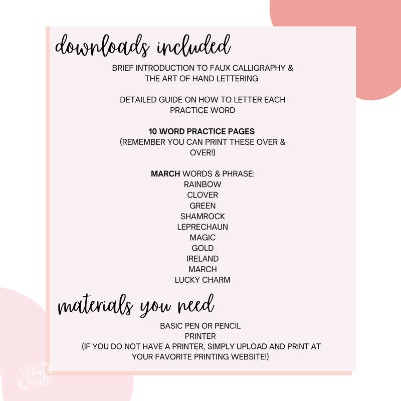 March Lettering Worksheets (PDF DIGITAL DOWNLOAD) - Details and Swirls